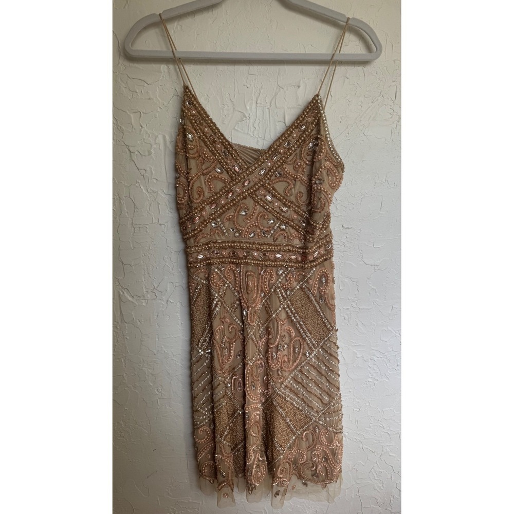 LARA Beaded Gatsby Cocktail Dress Womens 4 Champagne Gold V-Neck Mini Strap
